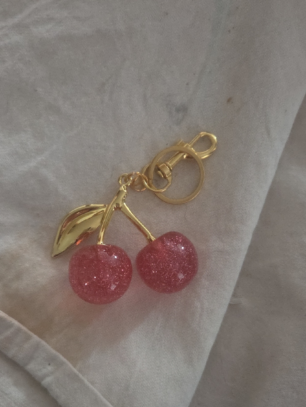 Gold Cherry Keychain with Pink Glitter